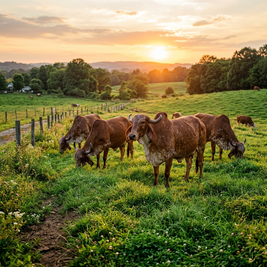 Gir cows grazing in a golden pasture